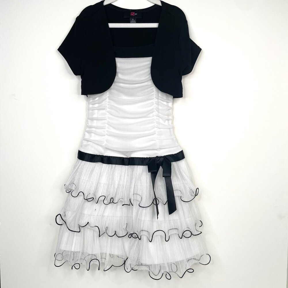 iZ Byer Girl Ruched Tiered Ruffles Sheath Dress with Bolero Shrug and Bow Sz 8